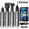 Set von vier Kemei wiederaufladbaren Pflege-Tools, darunter Nasen-Trimmer, Bart-Trimmer und Haartrimmer.