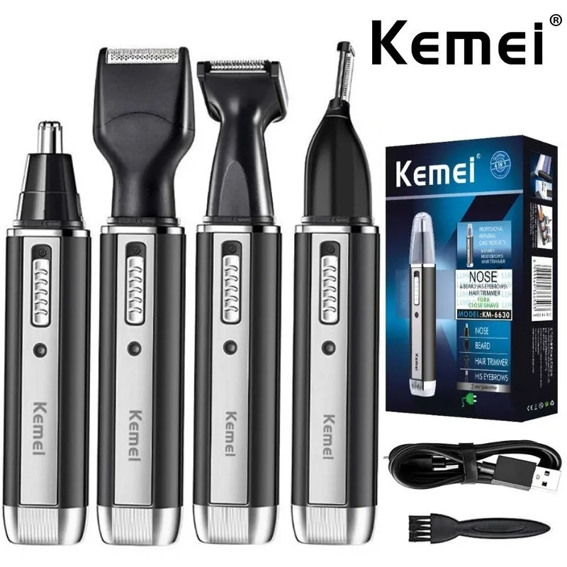 Set von vier Kemei wiederaufladbaren Pflege-Tools, darunter Nasen-Trimmer, Bart-Trimmer und Haartrimmer.