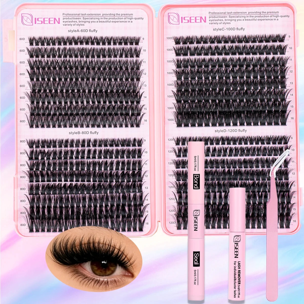 A set of ISEEN lash extensions including style-A60D, B80D, and C-100D clusters shown next to an eye.