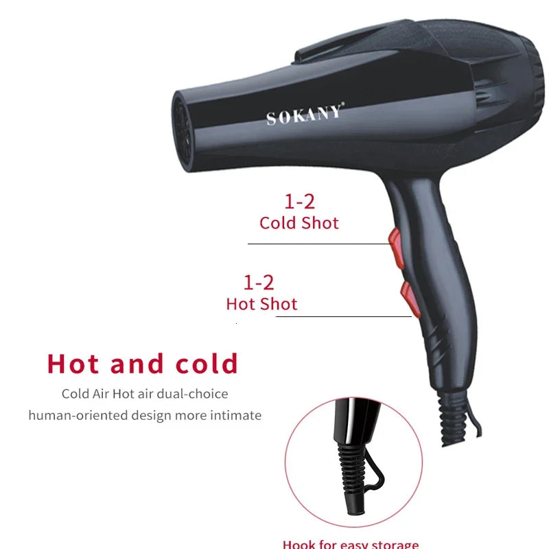 Black Sokany hair dryer with a heat shot feature and hook for storage