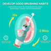 A cute unicorn-themed electric toothbrush instructs kids to brush the mouth in quadrants for 2 minutes with a pulse reminder.