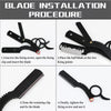 Procedure for blade installation on a professional straight edge barber razor showing steps to unscrew, place the blade, and 