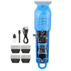 A blue professional cordless hair clipper and beard trimmer with a metal guard and charging cable.