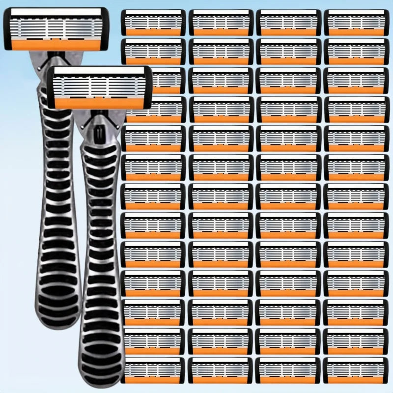 A grid of precision multi-blade shavers in black and orange, showing various models.