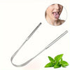 Stainless steel U-shaped tongue scraper shown with a close-up of its use on the tongue and fresh mint leaves