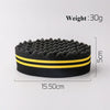 Black hair braiding brush with yellow stripes, measuring 15.50cm long and 5cm high.