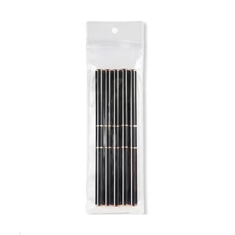 A clear plastic pouch containing a set of black double-ended nail art brushes.