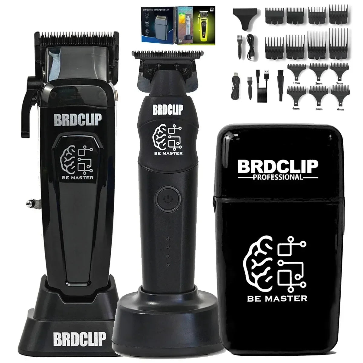 A set of professional electric hair clippers and accessories for grooming.