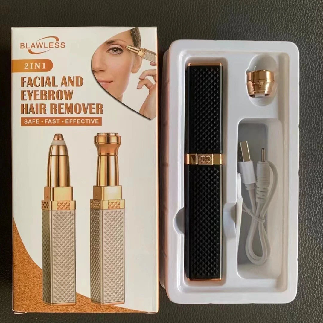 Boîte et étui blanc contenant un appareil de rasage/épilation pour le visage et les sourcils, avec poignée noire et accents d
