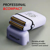 A white and purple professional hair grooming kit featuring a compact device with gold-colored attachments.