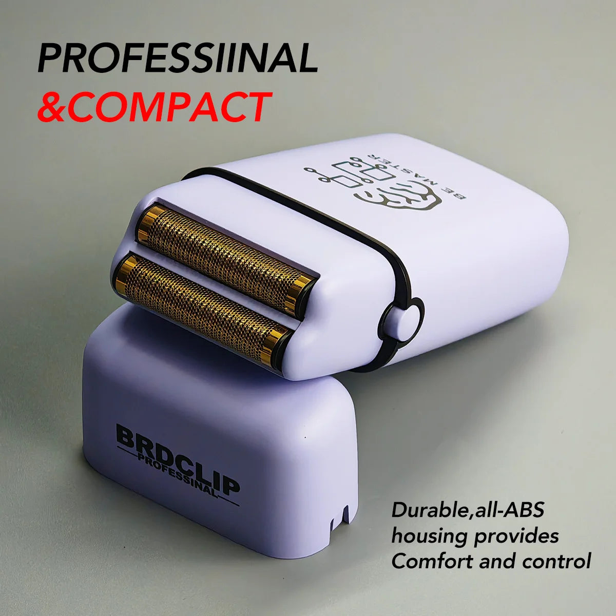 A white and purple professional hair grooming kit featuring a compact device with gold-colored attachments.