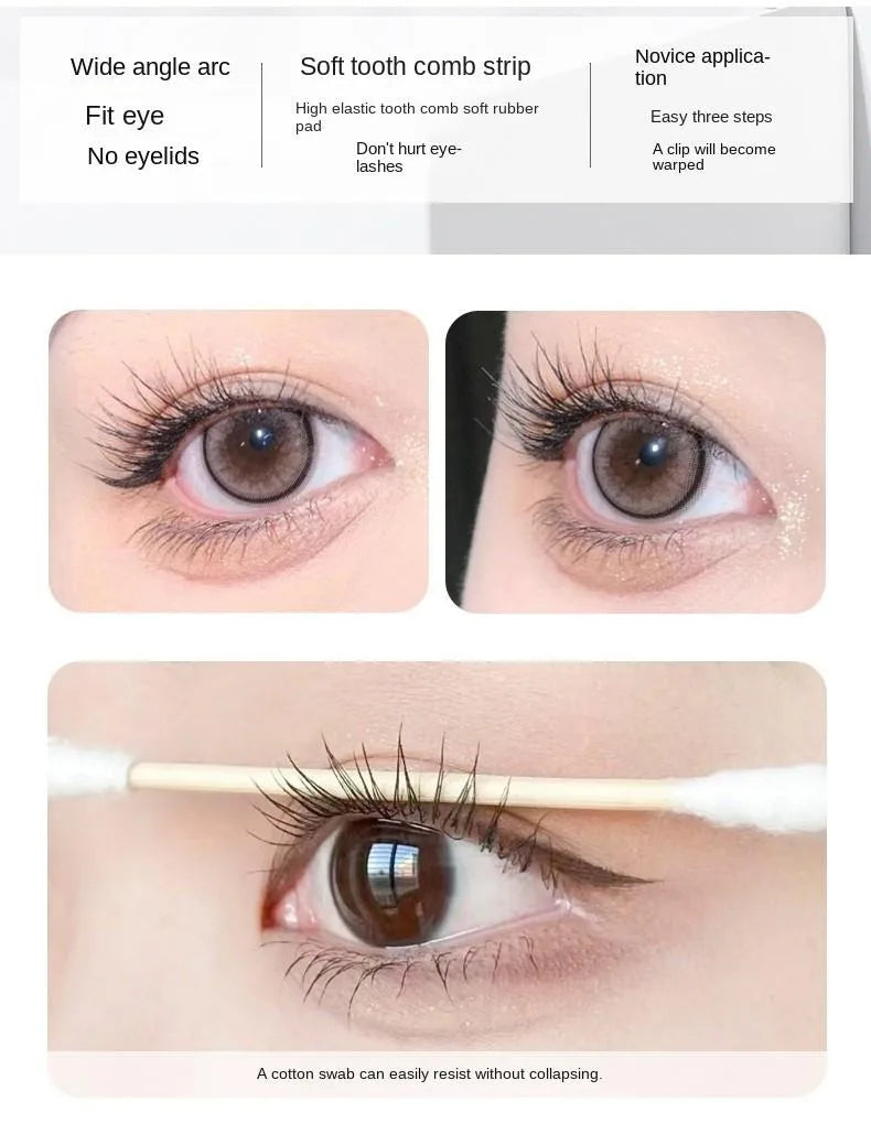 A set of professional eyelash curlers showing how to fit the tool and curl eyelashes.