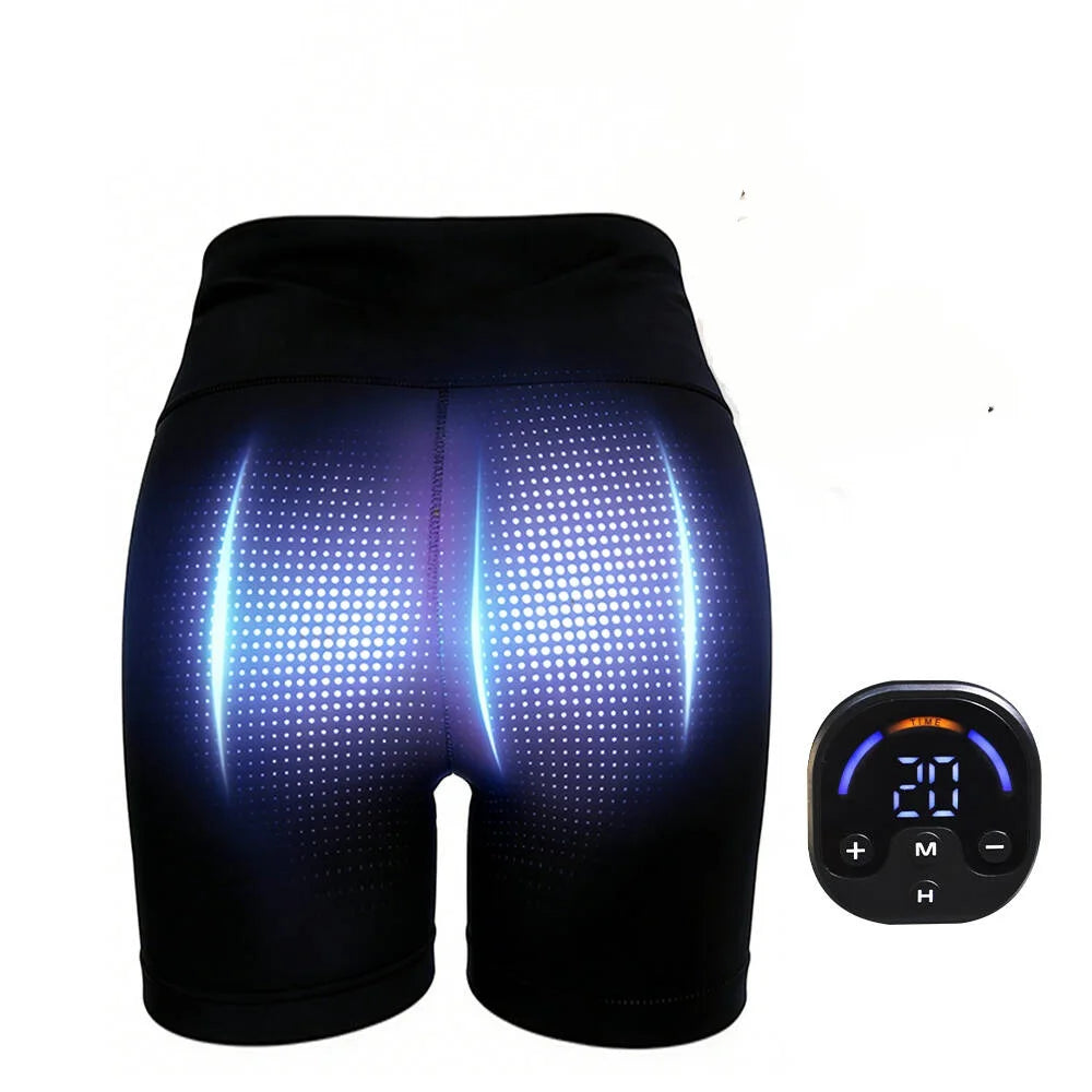 Black EMS body shaper yoga pants with blue LED lights on the back