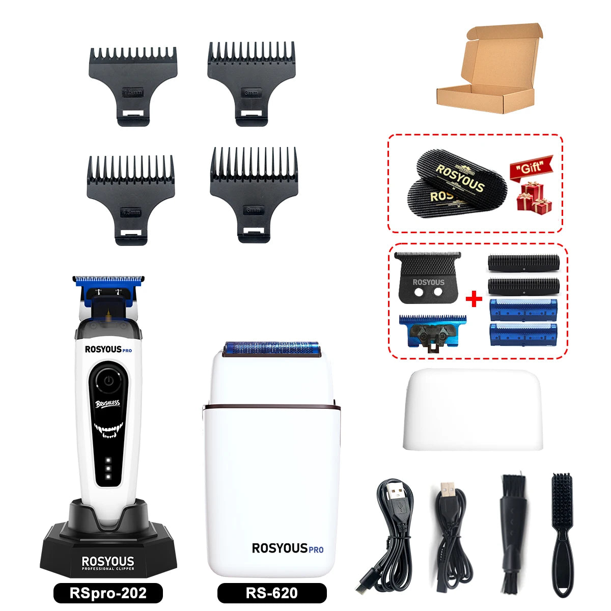 A set of Rosyous electric hair clippers including various attachments and the main RSpro-202 model.