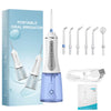 A portable oral irrigator device in blue and white is shown with various tips and accessories.