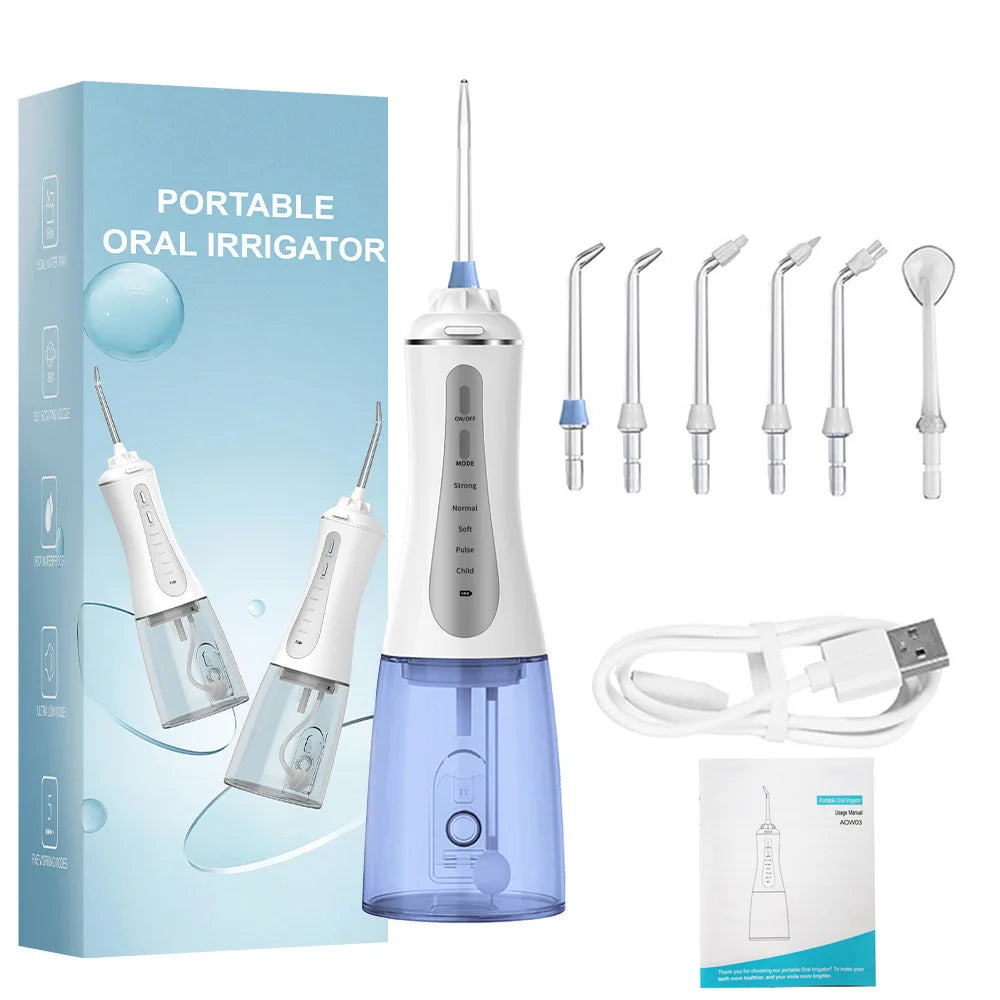 A portable oral irrigator device in blue and white is shown with various tips and accessories.