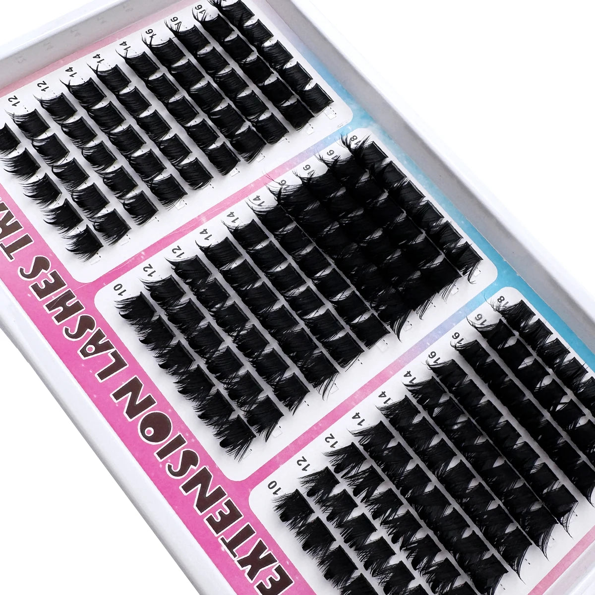 A tray of black mega wispy lash clusters for dramatic volume eyelash extensions.