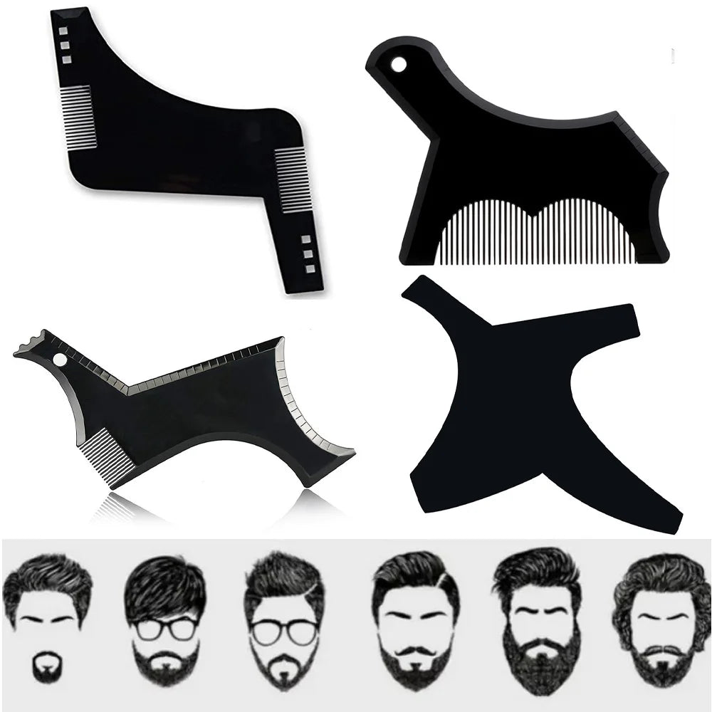 A set of professional beard shaping and styling tools, including various combs and shaping guides.