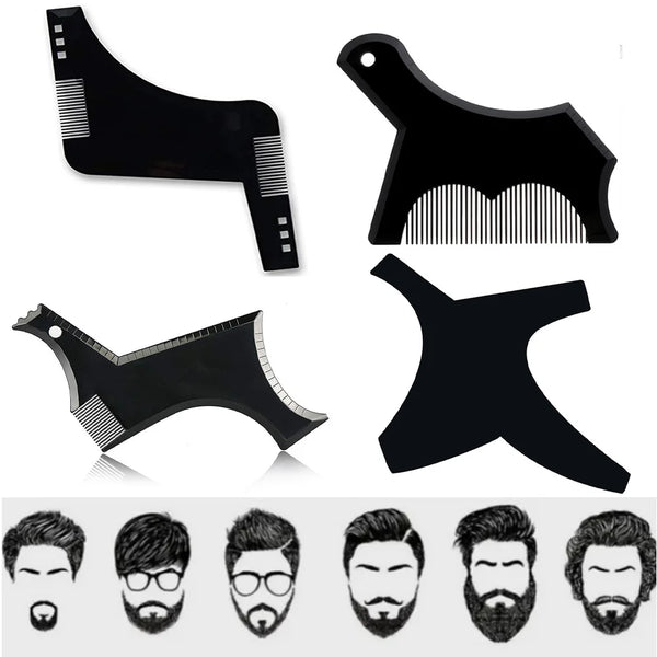 A set of professional beard shaping and styling tools, including various combs and shaping guides.