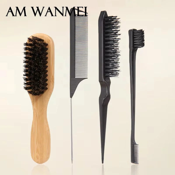 A set of black boar bristle hair brushes, including a wide comb and a fine-toothed brush, displayed on a light background.