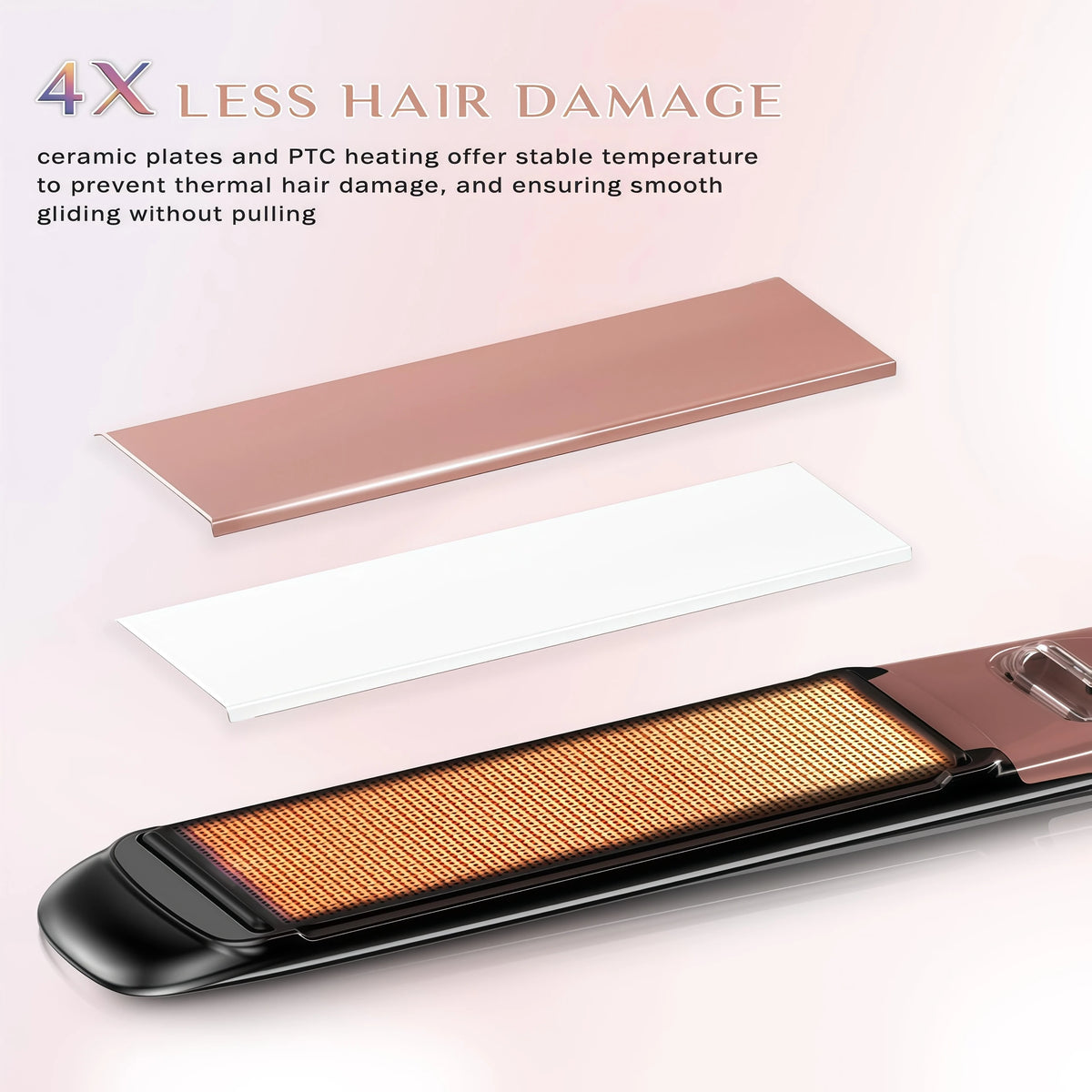 A pink ceramic hair straightener is shown alongside a white flat iron and a black hair styling tool.