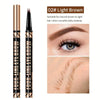 A set of four multi-color waterproof liquid eyebrow pencils in light brown shades shown next to close-ups of applied eyebrows