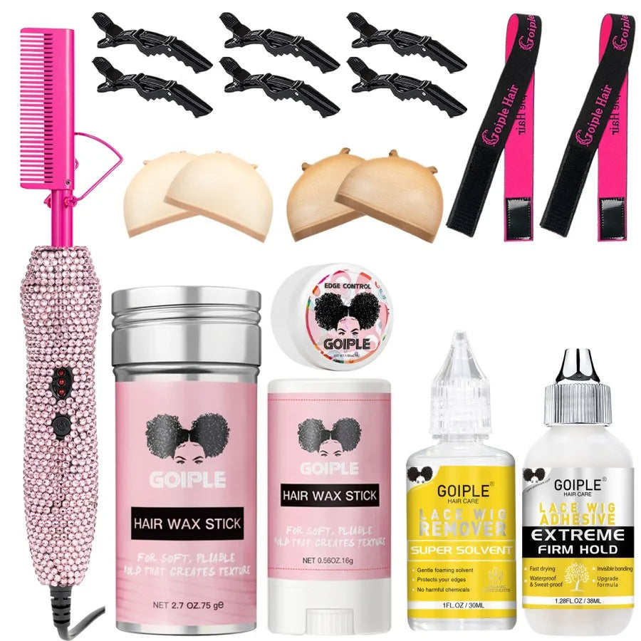 A collection of Goiple hair wax sticks and a pink electric hot comb styling iron.