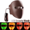 A brown LED beauty mask shown in various illuminated views.