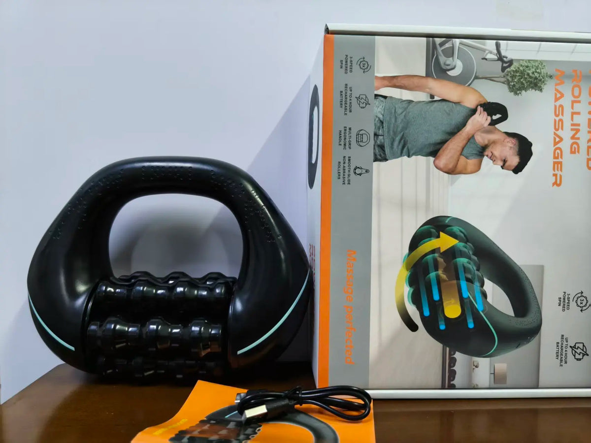 An electric percussive massager in black and yellow is shown next to its packaging box.