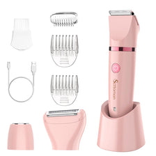 A pink 3-in-1 smart washable hair remover and grooming kit shown with various attachments and the main device.