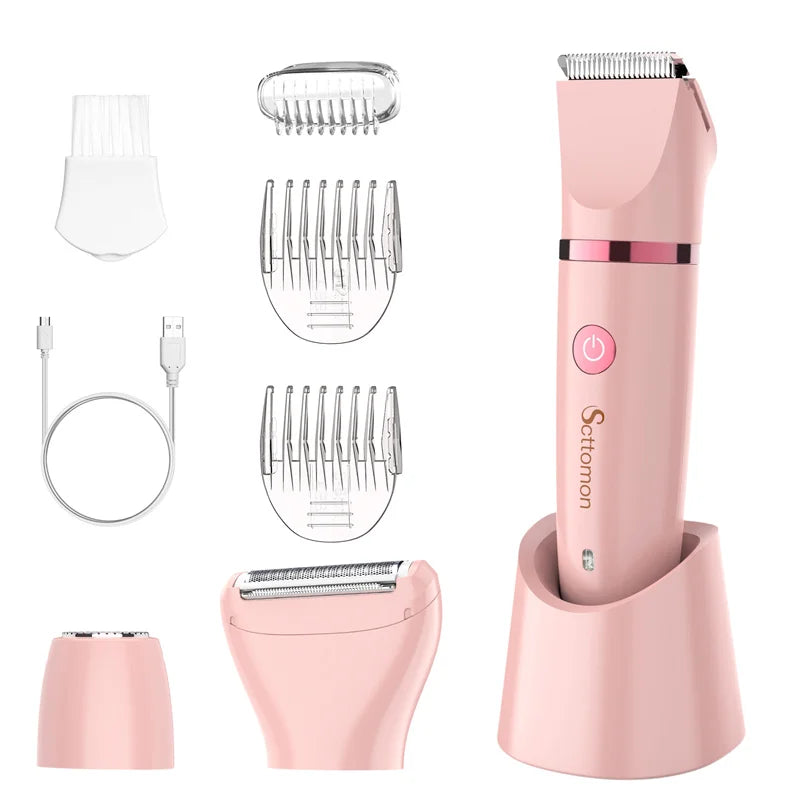 A pink 3-in-1 smart washable hair remover and grooming kit shown with various attachments and the main device.