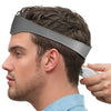 A man is shown wearing a silver professional barber hair cutting comb kit with a headband on his hair.