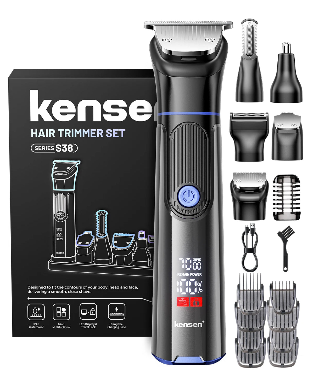 A black Kense Hair Trimmer Set S38 showing the main unit and various grooming attachments.
