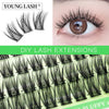 A set of black cluster eyelash extensions and a close-up of an eye with applied lashes.