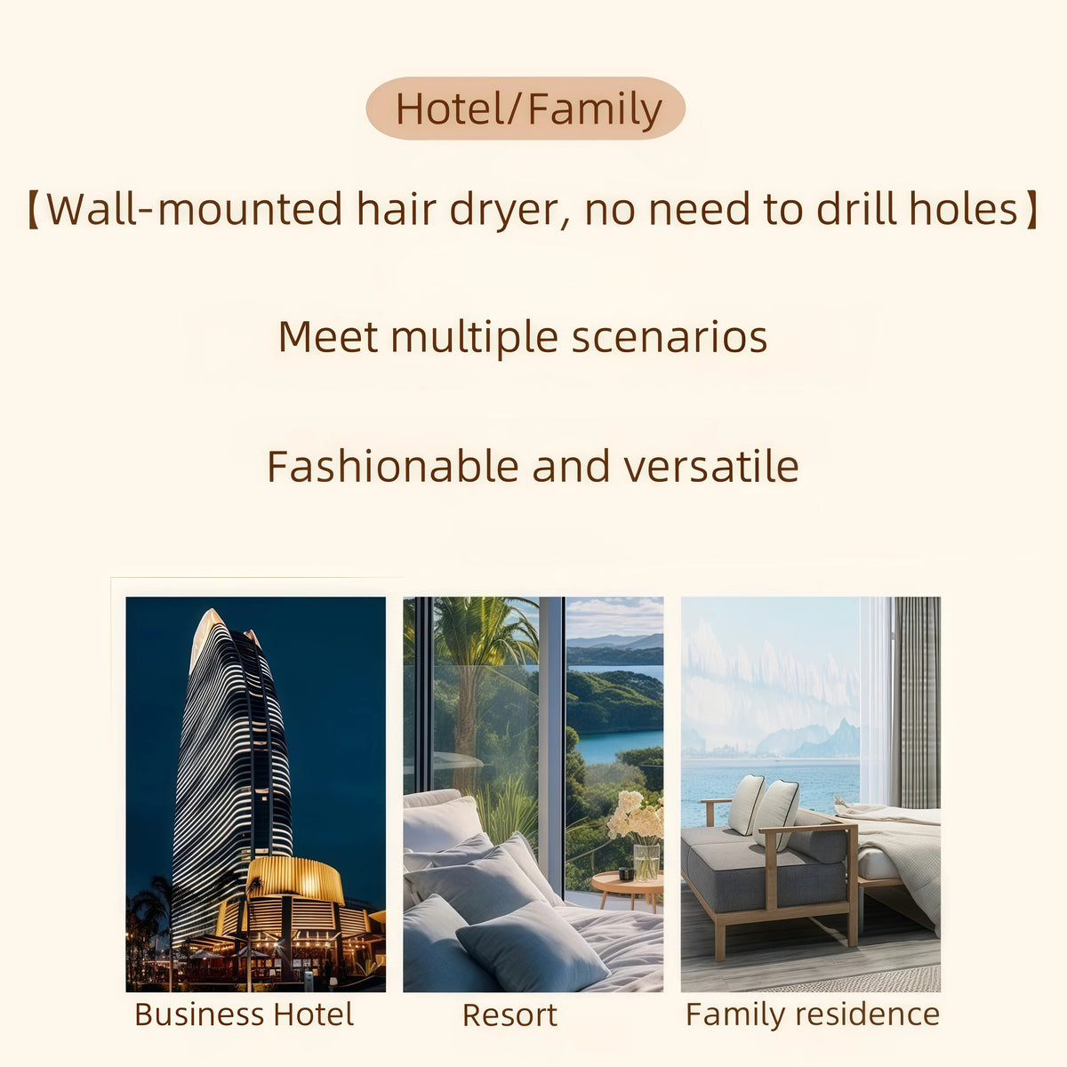 Three scenarios showing a wall-mounted hair dryer in a business hotel, resort, and family residence setting.