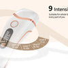 A white IPL laser hair removal epilator device showing nine intensity levels ranging from 7.5J to a maximum of 17.2J.