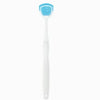 A white reusable stainless steel tongue scraper with a blue silicone brush head.