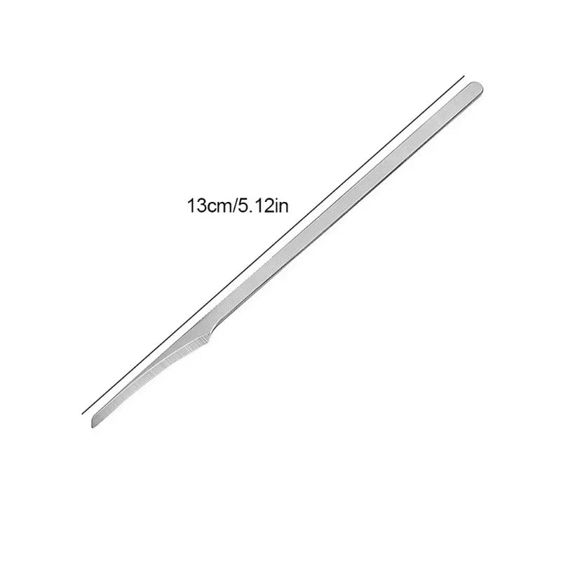 A silver metal tool with a pointed tip, measuring 13cm or 5.12 inches, used for foot care.