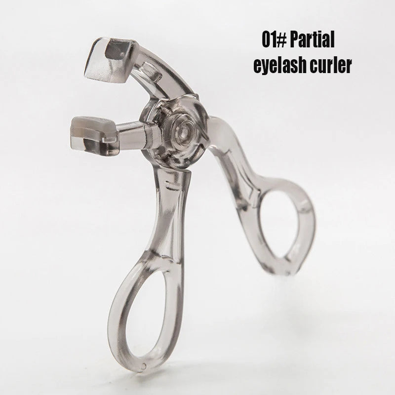 A clear partial eyelash curler tool is shown against a white background.