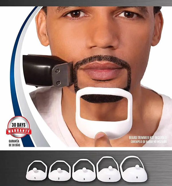 A set of five white beard trimmer templates shown next to a man's face demonstrating the use of the grooming tools.