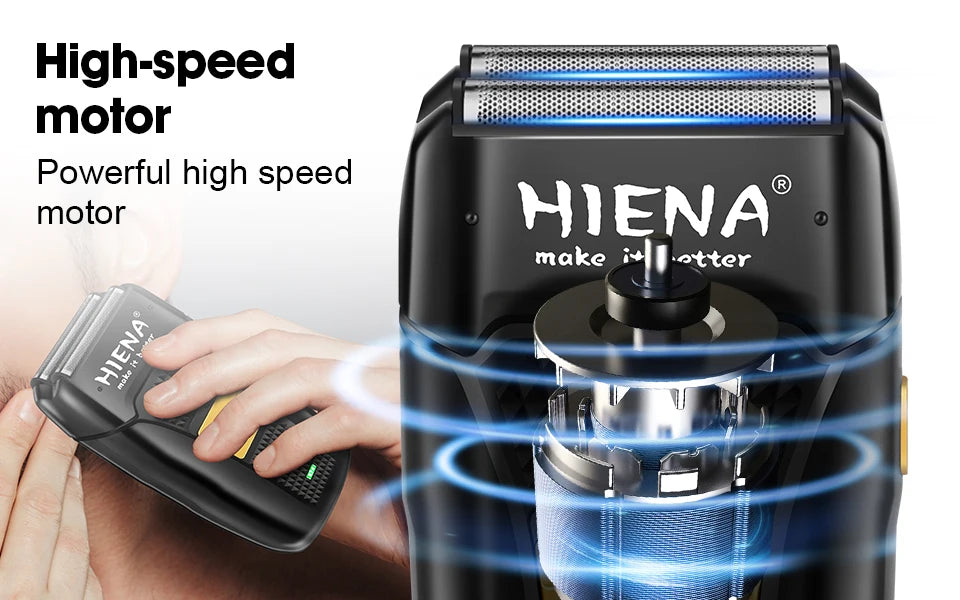 Eine Hand bedient einen schwarzen HIENA Hochgeschwindigkeitsmotor-Elektrotrimmer für Haarschnitt und Bartpflege.