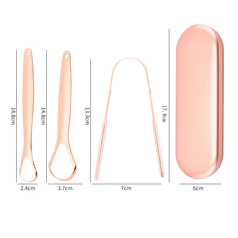 A pink stainless steel U-shaped tongue scraper shown in various sizes and angles.