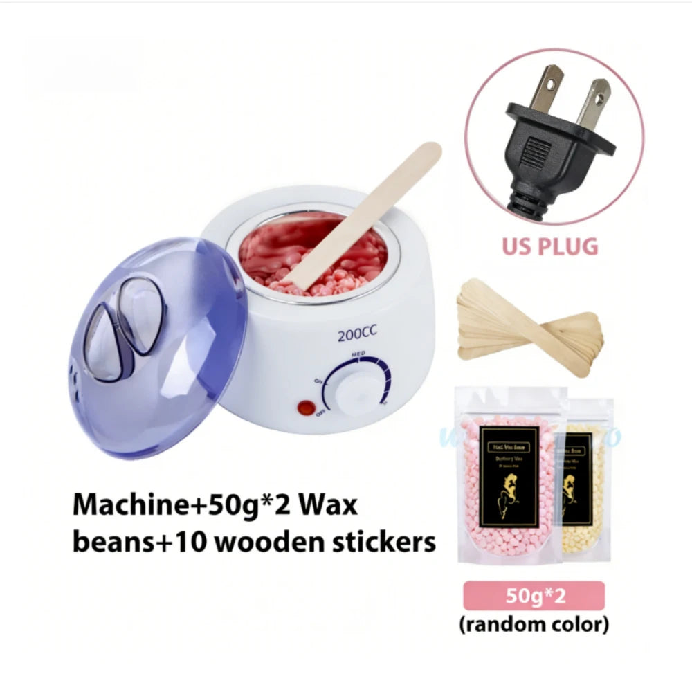 Weiße Maschine mit roten Wachsbohnen und zehn Holzaufklebern, einer violetten Glaswerkzeug und einem US-Stecker.
