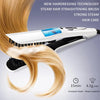 A white hair straightening brush is shown straightening blonde hair, demonstrating steam hair care technology.