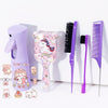 A purple hair styling kit featuring a unicorn-themed brush, comb, and styling tools.