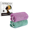 Two exfoliating loofah sponges, one purple and one green, are shown next to the product packaging.