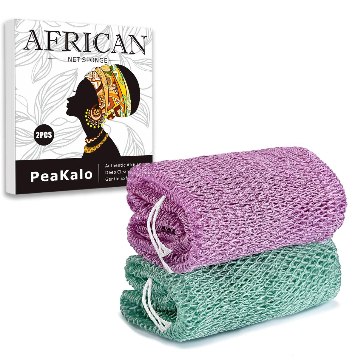 Two exfoliating loofah sponges, one purple and one green, are shown next to the product packaging.