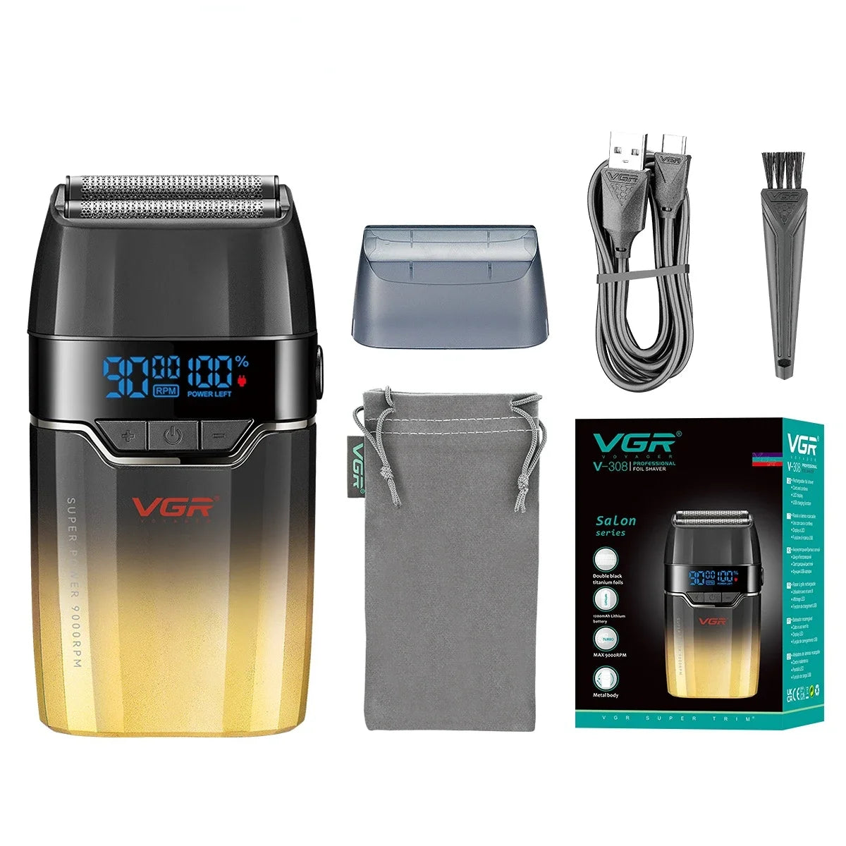 A VGR professional electric beard trimmer shaver with accessories shown on a white background.