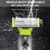 A close-up of a portable electric shaver with a detachable, washable head being used to clean or dry a wet body.