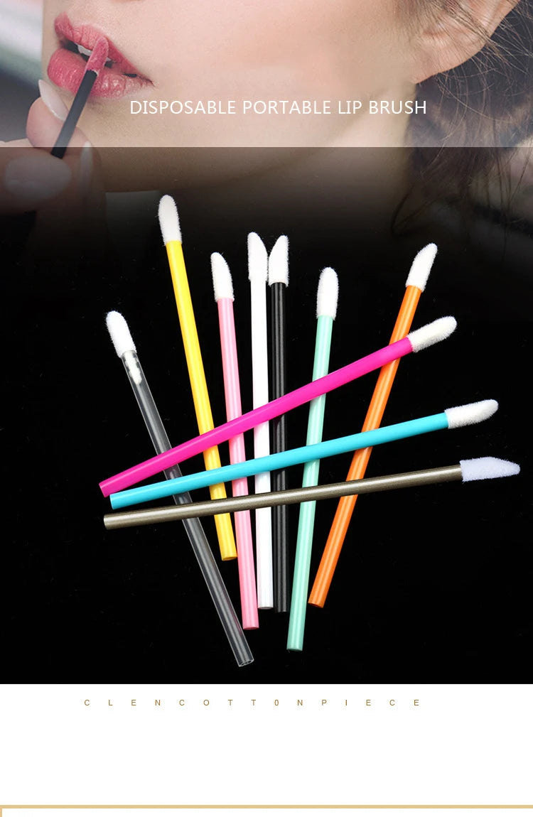 A collection of colorful disposable portable lip brushes and applicators displayed against a black background.